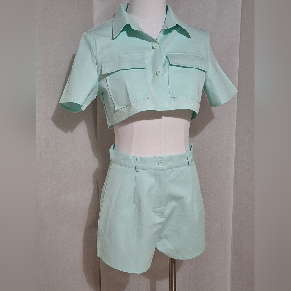 SHEIN S , solid button front blouse and short NWT - image 4